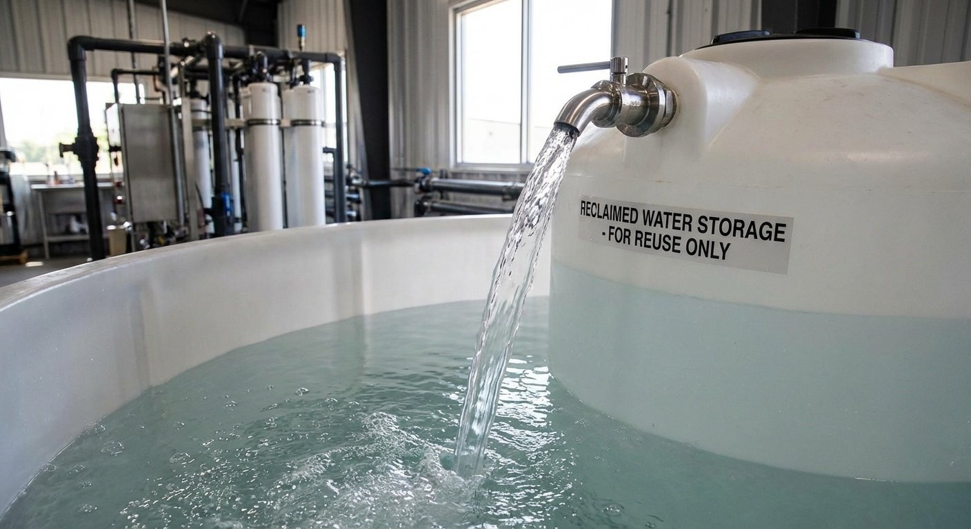 Crystal clear purified water flowing into a storage tank for reuse