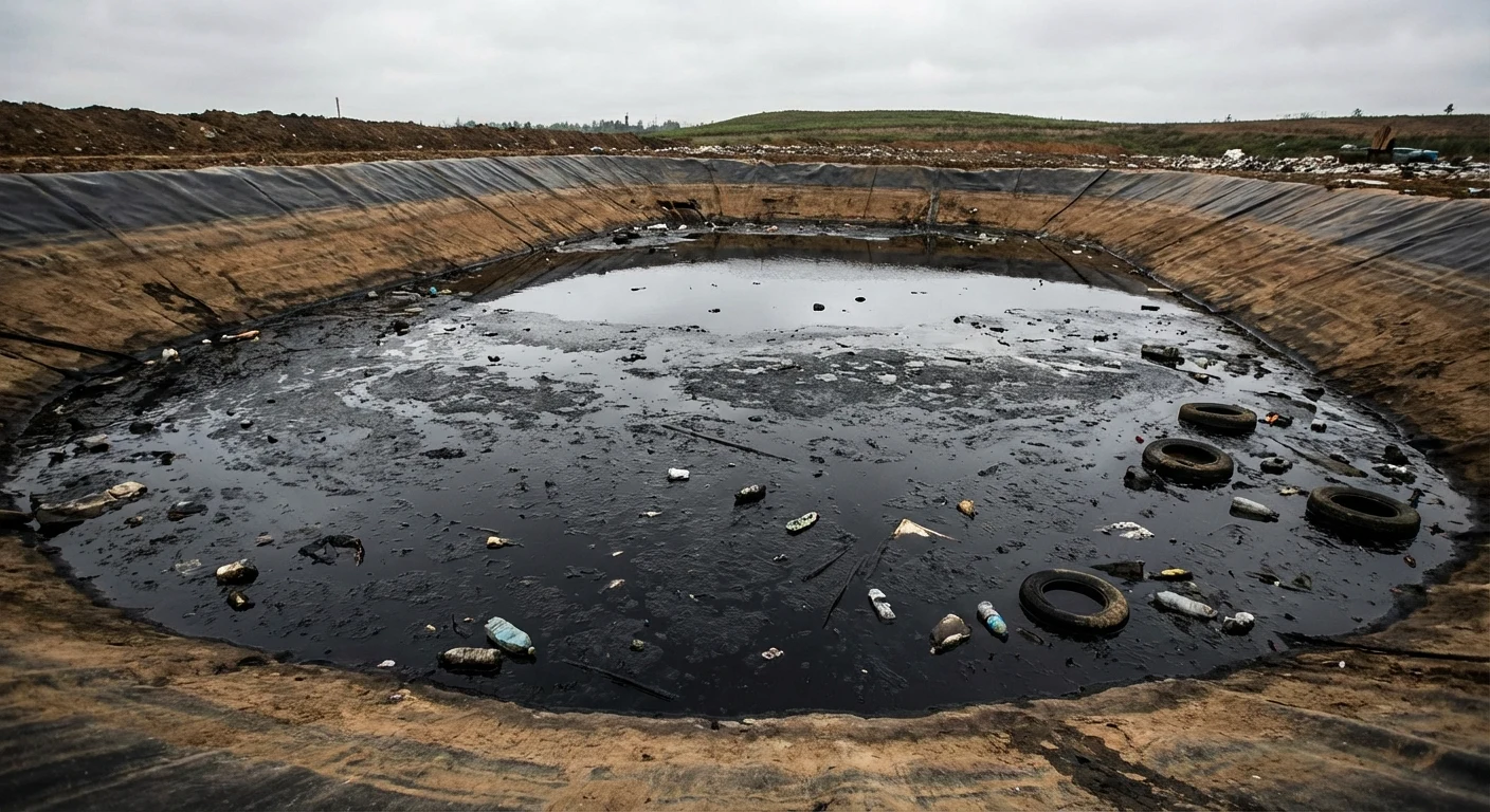 Dark, untreated landfill leachate pooling in a containment area showing high contamination levels.