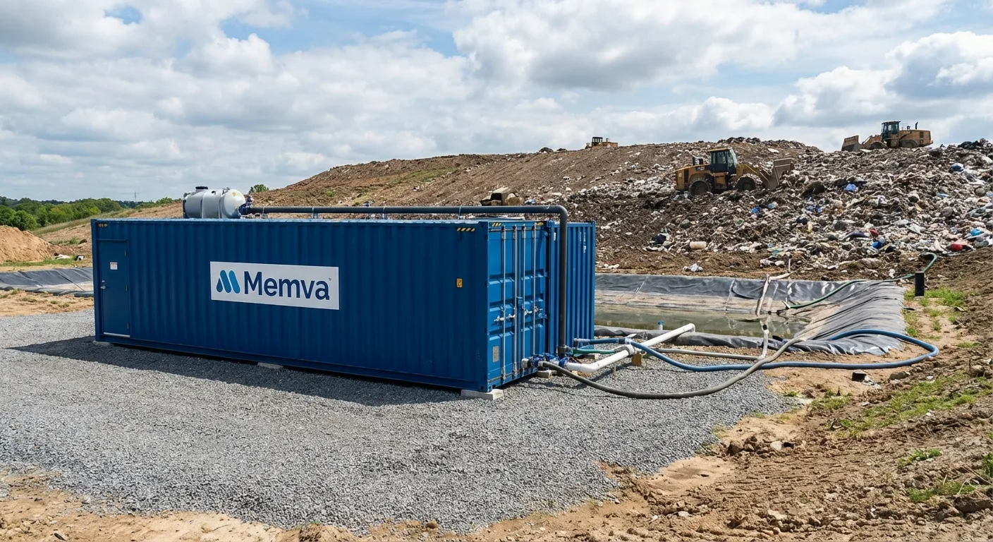 Memva containerized leachate treatment plant installed on-site at a landfill.