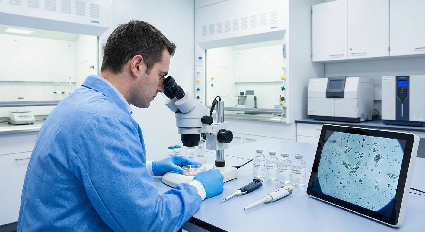Microscopic analysis of water samples in a pharmaceutical lab