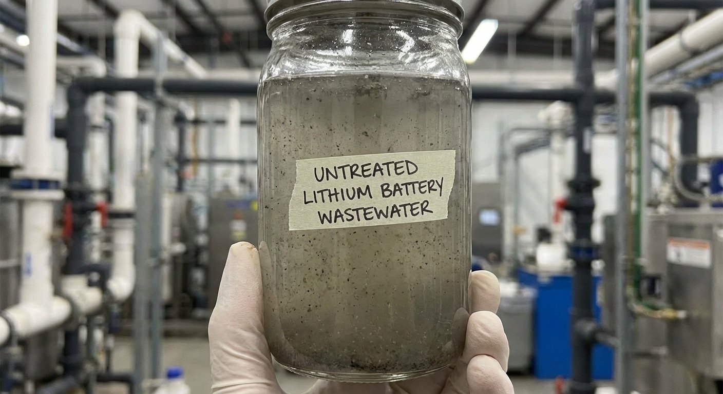 Sample of untreated, turbid lithium battery manufacturing wastewater